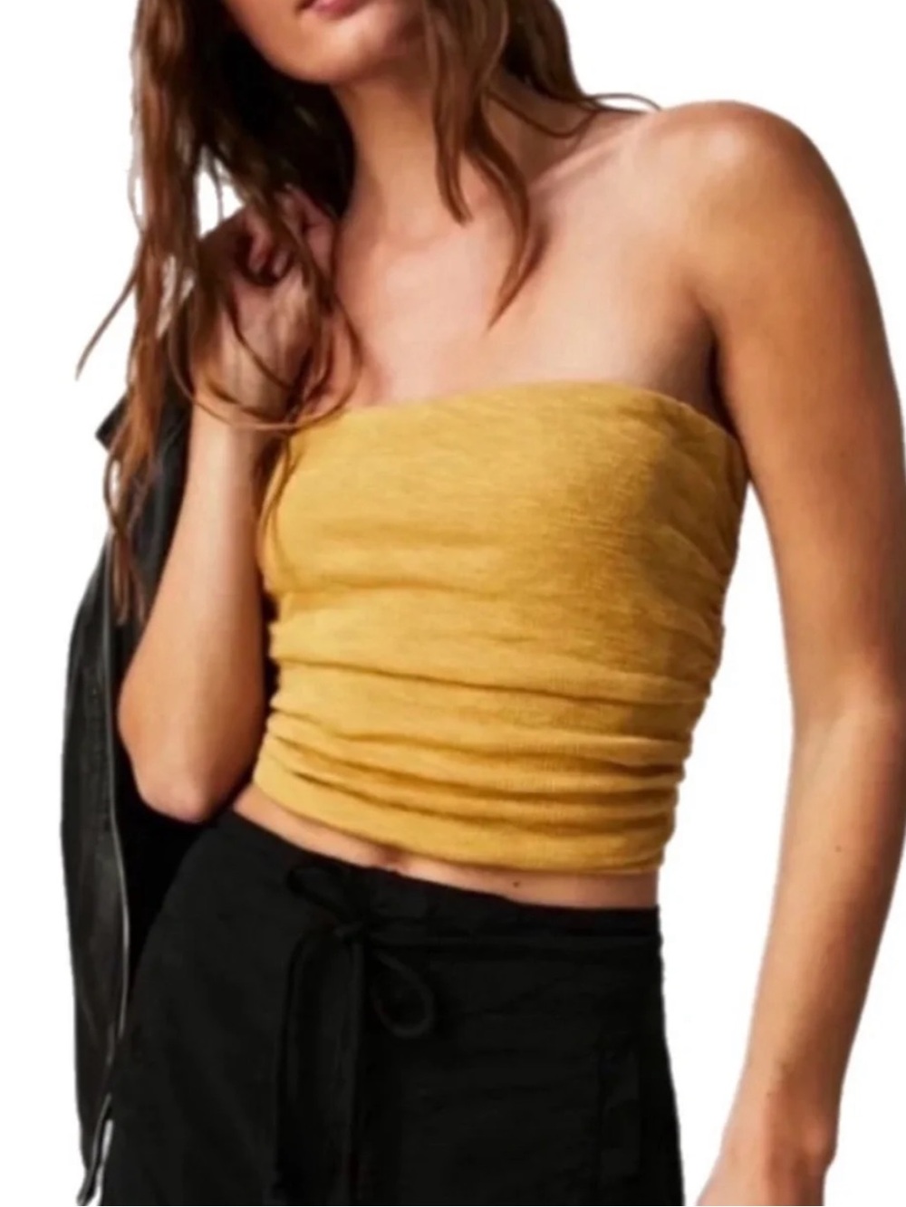 Free People Strapless Ruched Tube Crop Top - Mustard Yellow